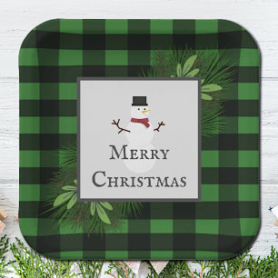 Snowman Green Buffalo Plaid Paper Plate