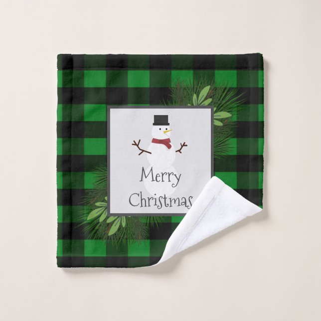 Snowman Green Buffalo Plaid Towel Set (Wash Cloth)