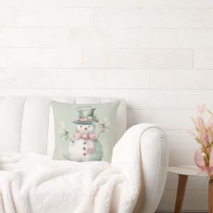 Snowman Green Modern Watercolor Cushion