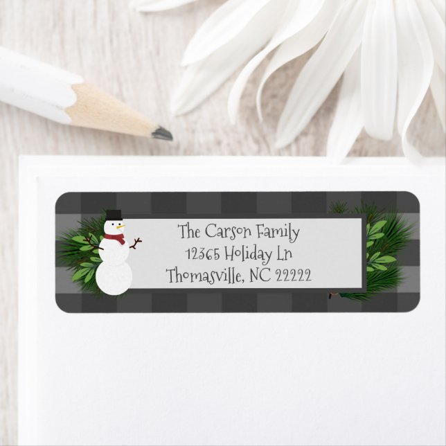 Snowman Grey Buffalo Plaid Address Labels (Insitu)