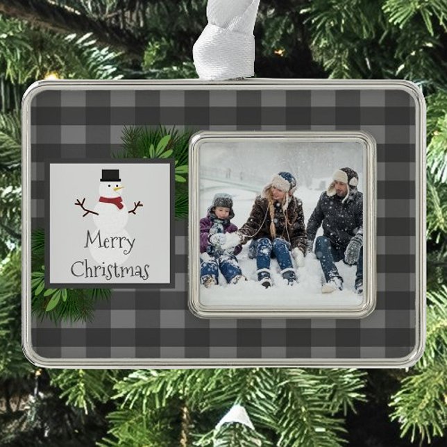 Snowman Grey Buffalo Plaid Framed | Grey Silver Plated Framed Ornament (Gray Snowman Buffalo Plaid Framed Ornament)