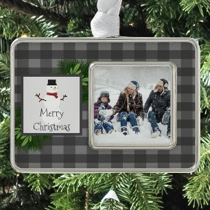 Snowman Grey Buffalo Plaid Framed Ornament