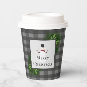 Snowman Grey Buffalo Plaid Paper Cup
