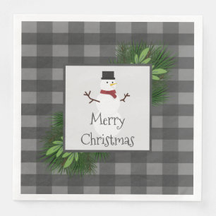 Snowman Grey Buffalo Plaid Paper Napkin