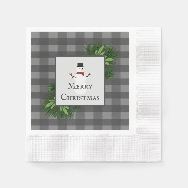 Snowman Grey Buffalo Plaid Paper Napkin (Front)
