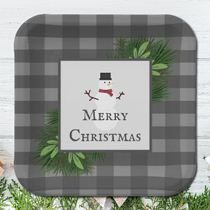 Snowman Grey Buffalo Plaid Paper Plate