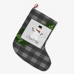 Snowman Grey Buffalo Plaid Stocking