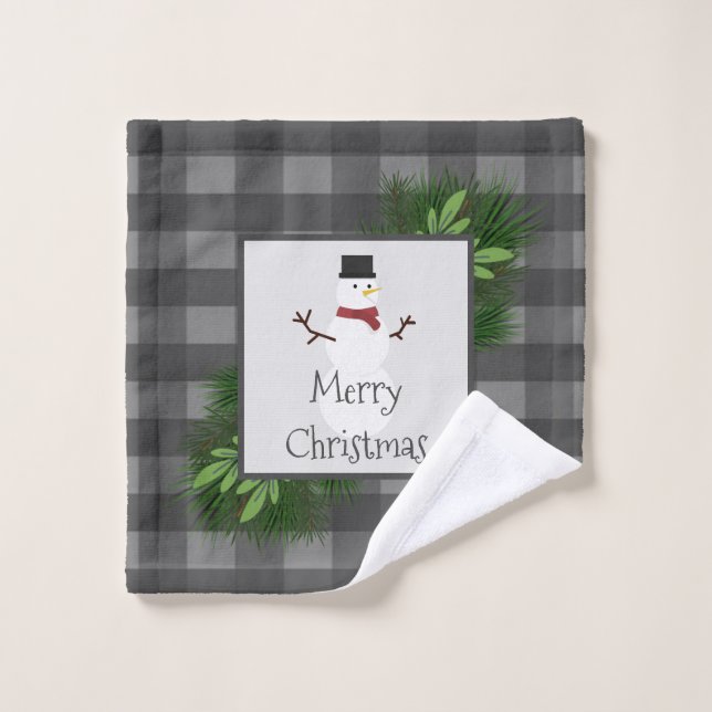Snowman Grey Buffalo Plaid Towel Set (Wash Cloth)