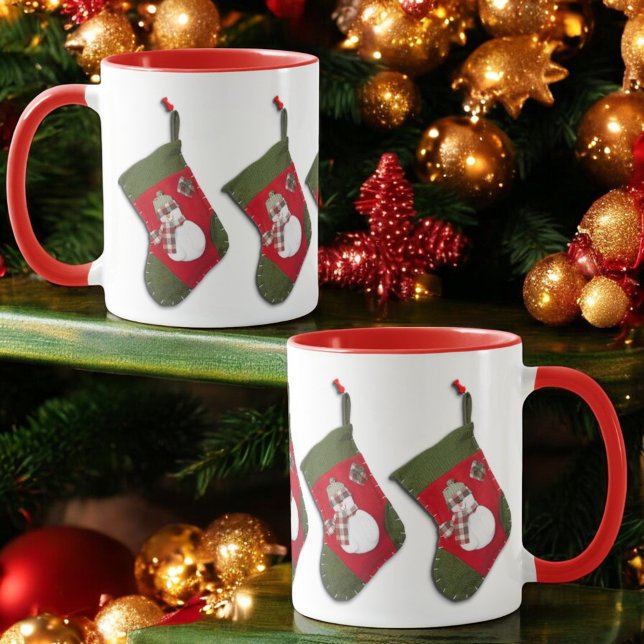 Snowman Hanging Christmas Stockings All Around Mug (Hanging Christmas stocking design encircles the entire combo style ceramic mug. )