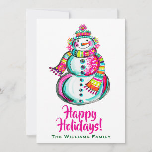 Snowman Happy Holidays Boho Cute Pink Christmas Holiday Card