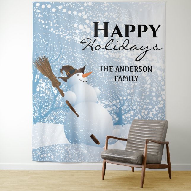 Snowman happy holidays family greeting backdrop tapestry (In Situ)