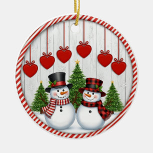 Snowman & Hearts Family Ceramic Ornament