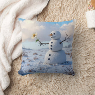 Snowman Holding a White Daisy Cushion