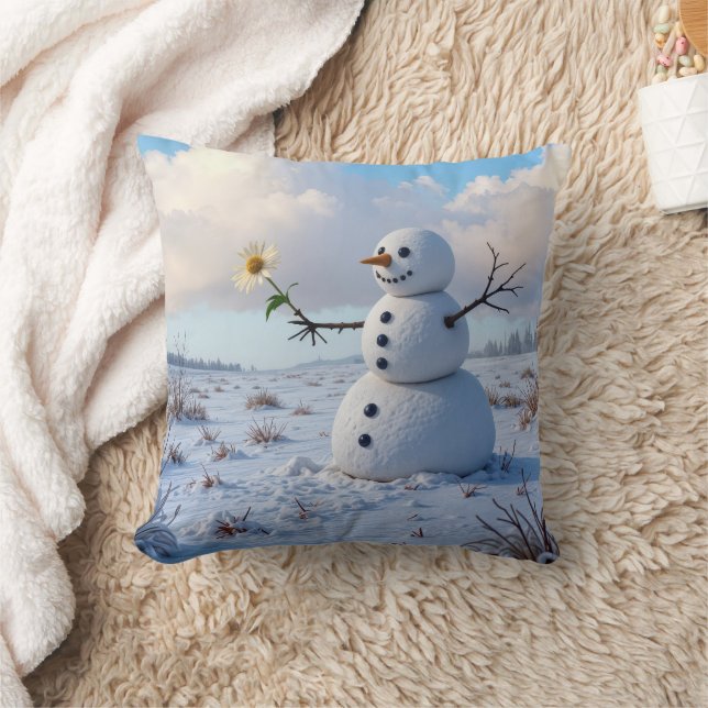 Snowman Holding a White Daisy Cushion (Blanket)