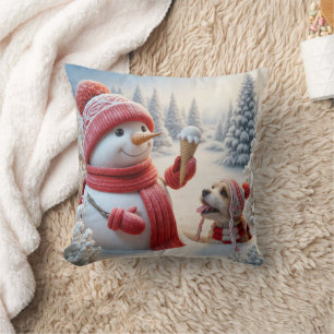 Snowman Holding An Ice Cream Cone With Dog Cushion