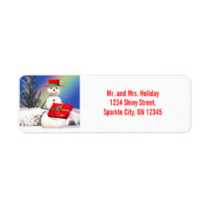 Snowman Holding Christmas Present Return Address Label