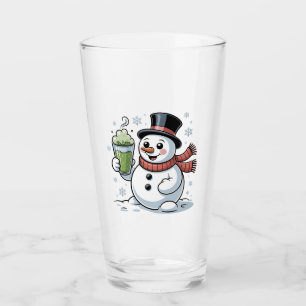 Snowman Holding Matcha Drink Christmas  Glass