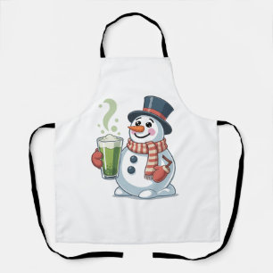 Snowman Holding Matcha Drink Christmas Lovers Apron