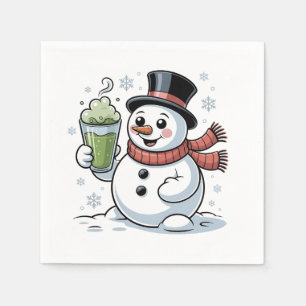 Snowman Holding Matcha Drink Christmas  Napkin