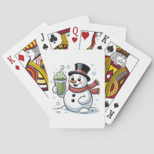 Snowman Holding Matcha Drink Christmas Playing Cards