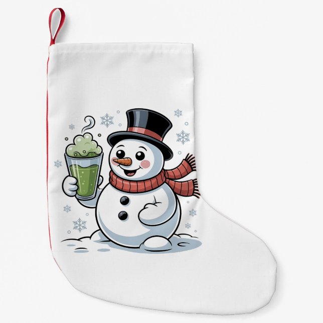 Snowman Holding Matcha Drink Christmas  Small Christmas Stocking (Front)