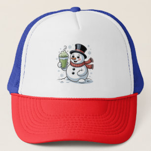 Snowman Holding Matcha Drink Christmas Trucker Hat
