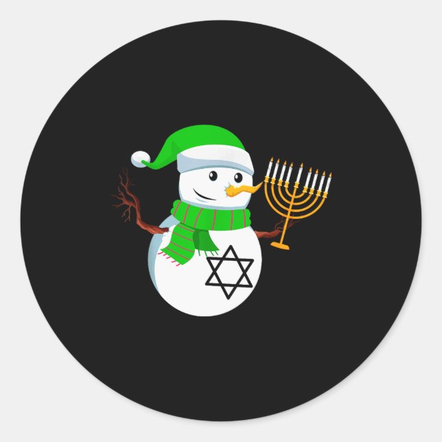 Snowman Holding Menorah Hanukkah Jewish Christmas  Classic Round Sticker (Front)