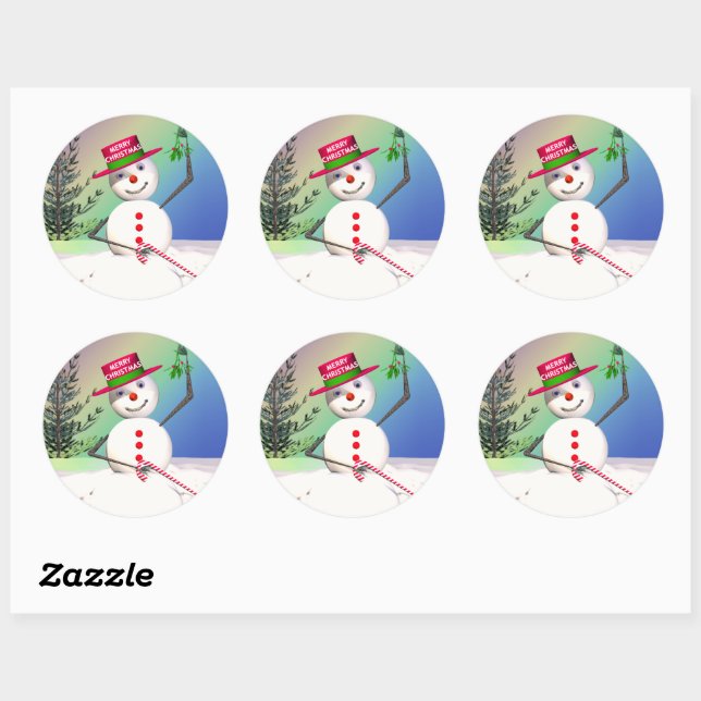 Snowman Holding Mistletoe Classic Round Sticker (Sheet)