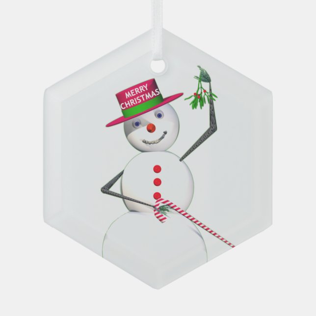 Snowman Holding Mistletoe Glass Tree Decoration (Front)
