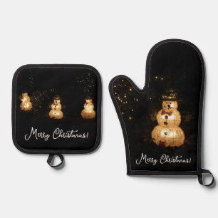 Snowman Holiday Light Display Oven Mitt & Pot Holder Set