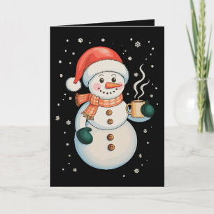 Snowman Hot Coffee Santa Hat Winter Christmas Xmas Card