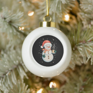 Snowman Hot Coffee Santa Hat Winter Christmas Xmas Ceramic Ball Christmas Ornament