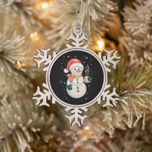 Snowman Hot Coffee Santa Hat Winter Christmas Xmas Snowflake Pewter Christmas Ornament