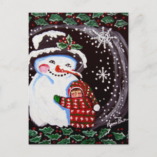 Snowman Hug Winter Folk art Postcard