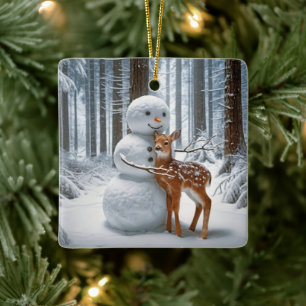 Snowman Hugging a Fawn Ceramic Ornament