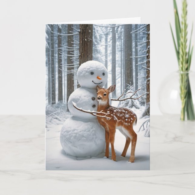 Snowman Hugging a Fawn Holiday Card (Front)