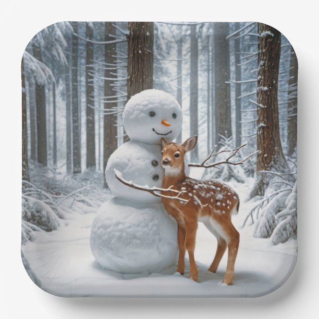 Snowman Hugging a Fawn Paper Plate (Front)