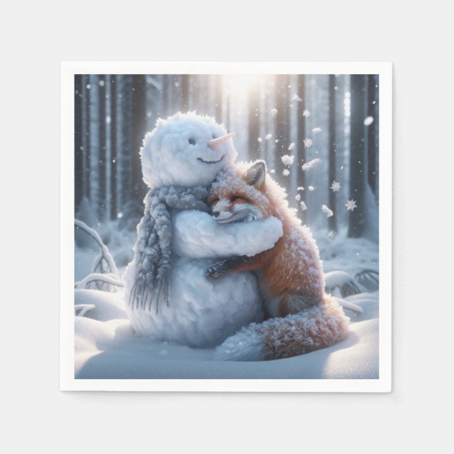 Snowman Hugging A Fox Napkin (Front)