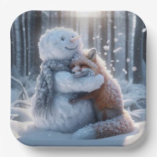 Snowman Hugging A Fox Paper Plate