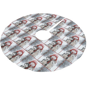 Snowman Hugging a Pair of Husky Dogs Brushed Polyester Tree Skirt
