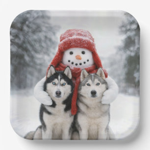 Snowman Hugging Siberian Husky Dogs Paper Plate