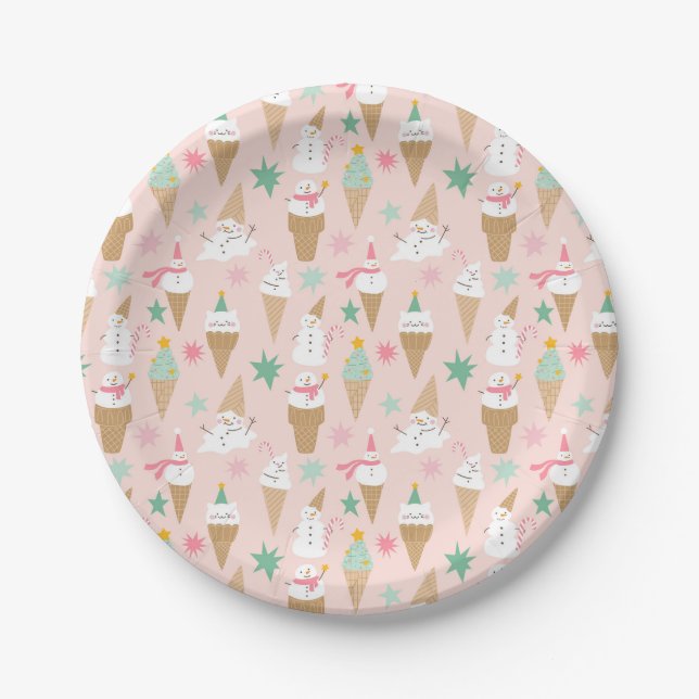 Snowman Ice Cream Cones Christmas Pattern Paper Plate (Front)