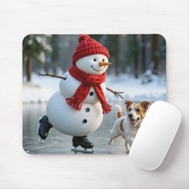 Snowman Ice Skating With Dog Mouse Pad (With Mouse)