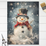 Snowman Illustration Rustic Snowflakes Decoupage Tissue Paper<br><div class="desc">A delightful illustration of a cheerful snowman adorned with a cosy scarf and hat,  surrounded by rustic-style snowflakes on a softly textured background. This charming design brings a touch of warmth and festive spirit,  perfect for holiday and winter-themed crafts.</div>