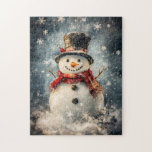 Snowman Illustration Rustic Snowflakes Jigsaw Puzzle<br><div class="desc">A delightful illustration of a cheerful snowman adorned with a cosy scarf and hat,  surrounded by rustic-style snowflakes on a softly textured background. This charming design brings a touch of warmth and festive spirit,  perfect for holiday and winter-themed crafts.</div>