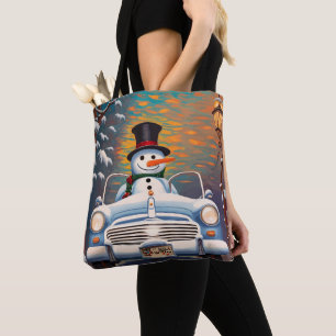 Snowman in a convertible car tote bag