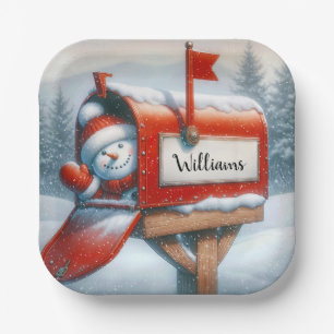 Snowman In a Holiday Mailbox With Custom Name Paper Plate