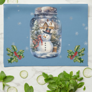 Snowman in a Jar Snowflakes Blue Tea Towel
