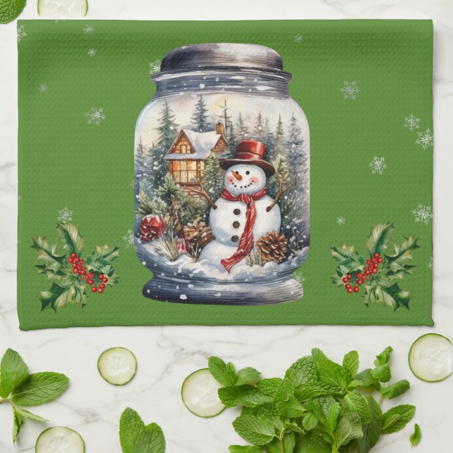 Snowman in a Jar Snowflakes green Tea Towel (Folded)