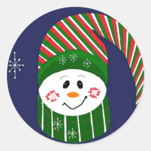 Snowman In A Long Striped Hat Classic Round Sticker